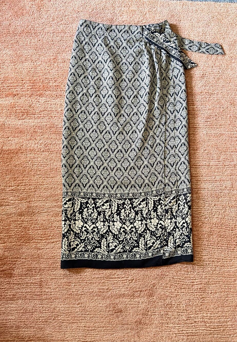 Abria Italian Fabric Black Ivory Floral Print Wrap Midi Skirt One Size